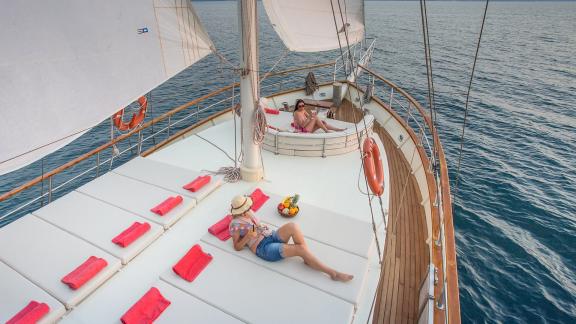 Relaxed guests on the Gulet Altair, yacht in Split, Croatia, 6 cabins, luxury sailing holiday on the open sea.