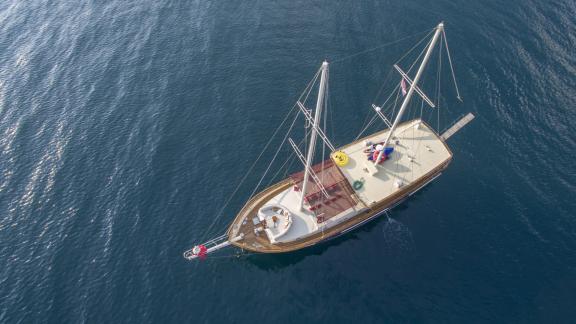 Aerial view of the Gulet Altair in Split, Croatia, sailing on the open sea, 6 cabins, luxury sailing holiday.