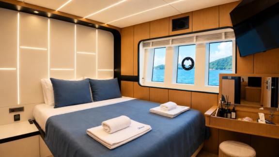 The master cabin of Beluga 1 in Göcek features a large bed, vanity area and beautiful sea views.
