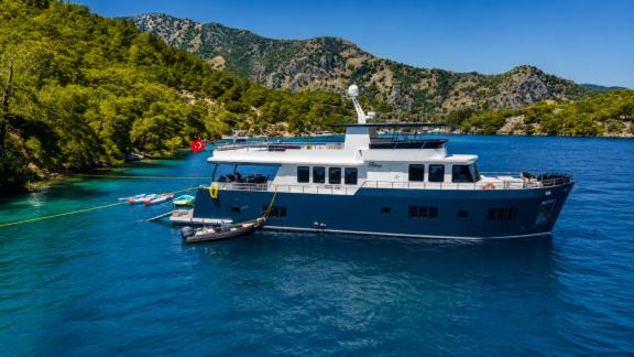 Beluga 1 is anchored in Göcek, featuring water toys and facilities for extended yacht charter holidays.