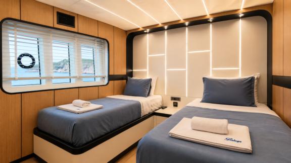 The twin guest cabin of Beluga 1 in Göcek offers sea views and comfortable onboard accommodation.