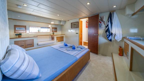 Miro 1 features a spacious master cabin for trawler charters and exclusive yacht holidays in Göcek.