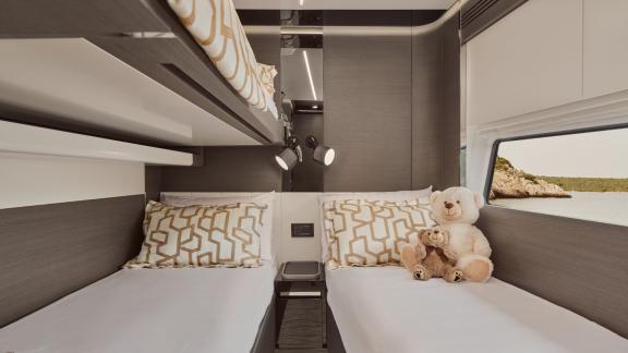 This kid-friendly twin cabin on yacht Myne offers comfort and charm for your charter.