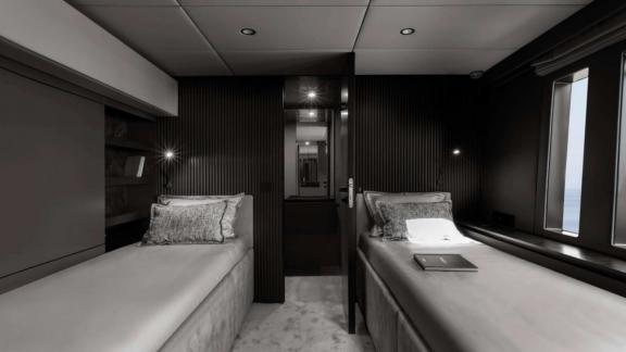 Stylish twin cabin with two single beds and modern decor on Sunreef Catamaran.