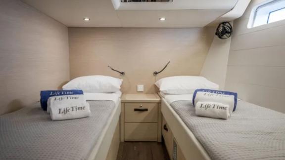 The twin bed cabin on the Life Time yacht offers comfortable accommodation.