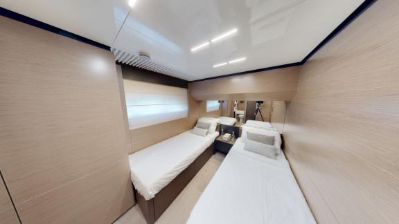 The twin guest cabin of the Ferretti 780 motor yacht makes your Dubai yacht rental experience comfortable and enjoyable.