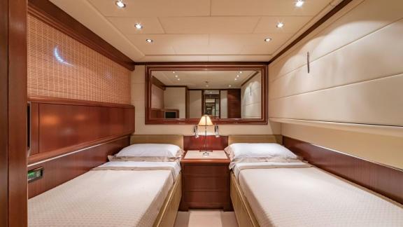 Mangusta 92 Popeye’s twin cabin ensures cozy space with tasteful design and comfort.