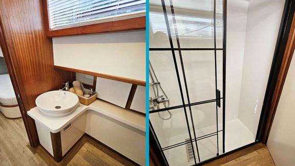 Stylish guest bathroom on Gulet Arni with elegant shower and modern amenities.