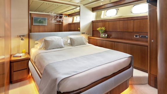 Comfortable guest cabin of the 30-meter Motor Yacht Martina, ideal for a relaxing night in Greece.