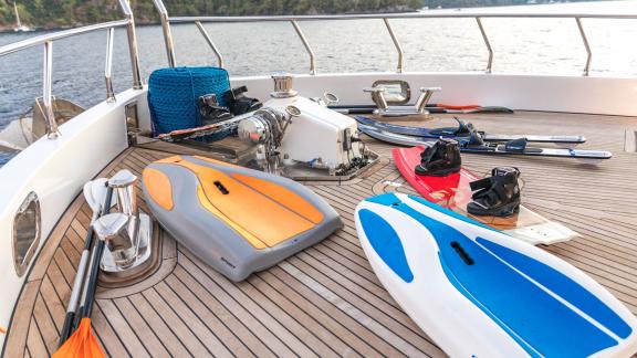 Watersports equipment displayed on the deck of Floki trawler yacht.