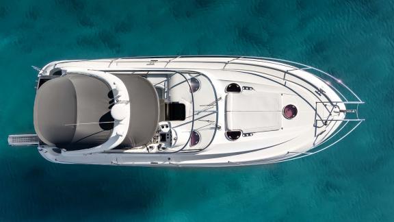 Aegean Blue features a spacious deck for daily motor yacht charters and VIP boat tours in Mykonos.