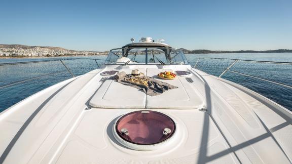 Aegean Blue features a foredeck sunbathing area for daily yacht charters and VIP sea trips in Mykonos.