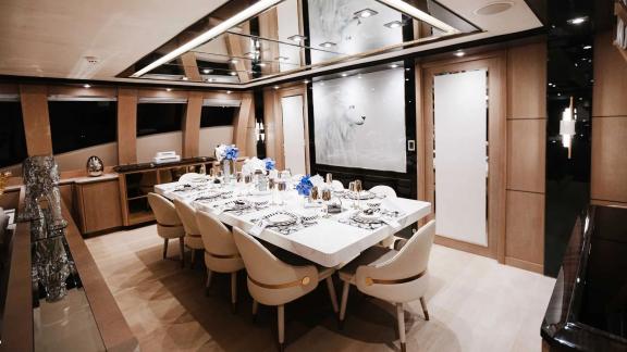 The elegant dining area of Ak Royalty yacht provides the perfect setting for special events and unforgettable moments.