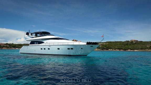 Angelo Blu is anchored in clear waters near Cannes, offering a luxury yacht charter experience.