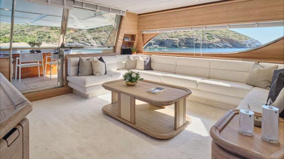 Apeiron Blue in Lavrion features a bright saloon and sea view lounge areas for a luxury cruising experience.