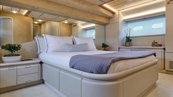 Apeiron Blue in Lavrion features a spacious master cabin with elegant design and premium onboard accommodation.