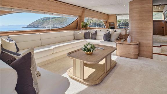 Apeiron Blue in Lavrion features spacious lounge seating and panoramic views for a premium yacht holiday.