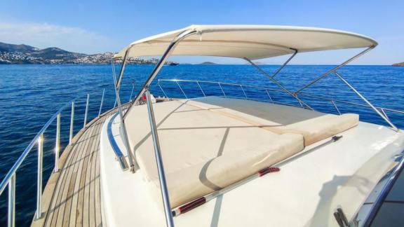 Spacious sunbathing area on the front deck of motor yacht Ata Bora in Bodrum.