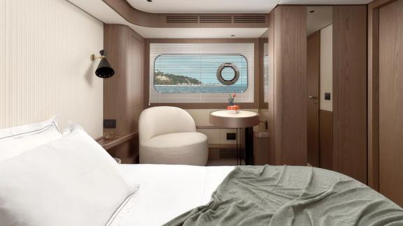 Master cabin of the Azimut Magellano 66 Ava 2 motor yacht off Split, Croatia, offering premium accommodation at sea.
