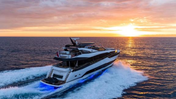 Among Mallorca yacht charter options Blue Infinity One shows sunset cruise and luxury sea experience.