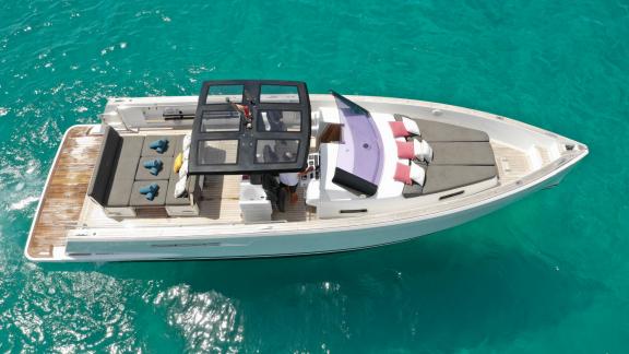 The motor yacht Celebrate offers spacious seating and sunbathing areas.