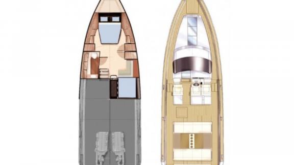 Innen- und Außenbereiche der Motoryacht Celebrate.