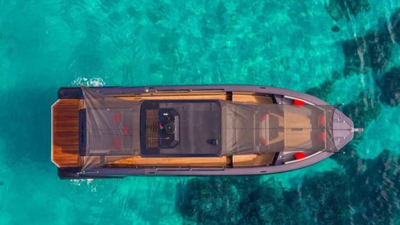 Among Monaco yacht charter options Cest Party motor yacht shows deck arrangement and open space layout.