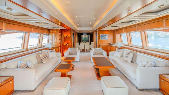 Ariela’s main saloon features refined design, wide sofas and sea views along Göcek’s stunning coast.