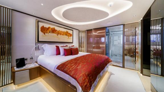 The guest cabin on Eternal Spark features elegant interiors and comfortable accommodation during yacht charter holidays.