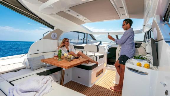 Among Nice private yacht charter options, Exocet is seen with a sea view dining and lounge area.