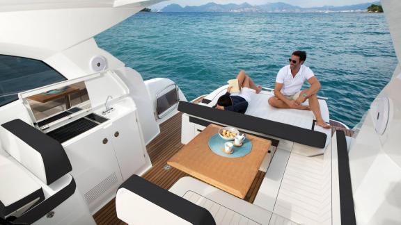 Among Nice boating holiday options, Exocet features a sunbathing and relaxation area for guests.