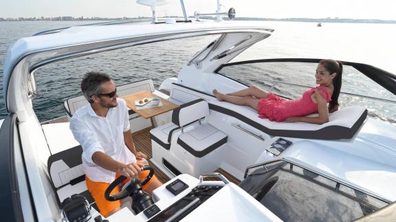Among Nice premium yacht charter options, Exocet is seen with a sunbathing area and cockpit section.