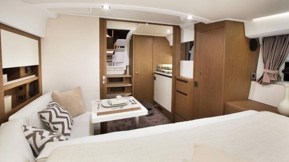 Among Nice comfortable boat charter options, Exocet is seen with a spacious cabin and living area.