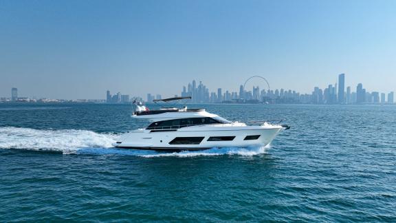 The Ferretti 670 motor yacht offers style and modernity for a luxurious yacht rental experience in Dubai.