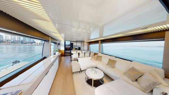 The spacious interior of the Ferretti 780 motor yacht adds luxury and comfort to your daily yacht rental in Dubai.