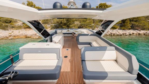 The FG Star yacht features modern and comfortable relaxation areas on its deck.