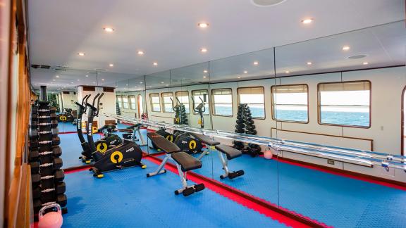 Wind Of Fortune'da denizde aktif bir deneyim için modern gemi içi spor salonu.