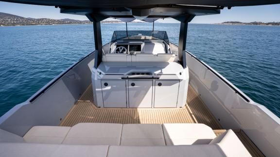 Among Saint Tropez day boat rental options, Je Men Fous is seen with an outdoor living area.