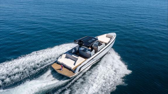 Among Saint Tropez day boat rental options, Je Men Fous is seen cruising across open waters.