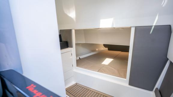 Among Saint Tropez daily yacht charter options, Je Men Fous is seen with a compact guest cabin.