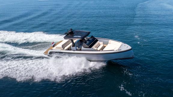 Among Saint Tropez daily yacht charter options, Je Men Fous is seen cruising swiftly across open waters.
