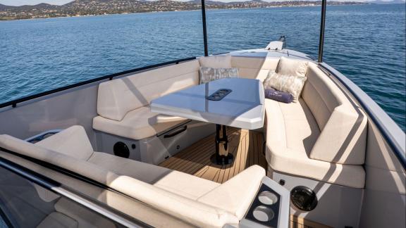 Among Saint Tropez private boat tour options, Je Men Fous is seen with a foredeck seating area.