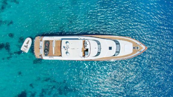 Motor yacht Julem 1, top view in the blue waters of Bodrum.