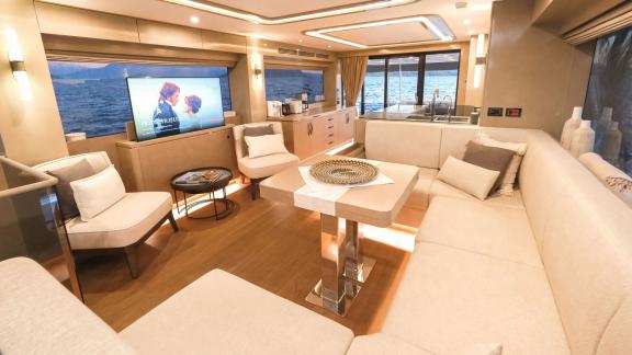 The comfortable lounge area on motor yacht La Luna offers a relaxing atmosphere.