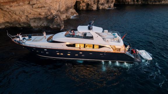 Anchored in Ibiza, Lady KC offers private day charter experiences in peaceful coastal bays.