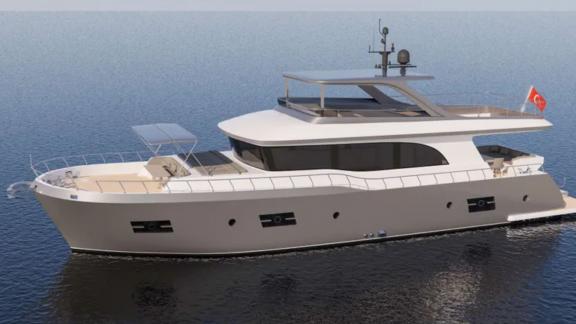 The trawler Lavin, with its modern design and spacious deck, is cruising on the sea.