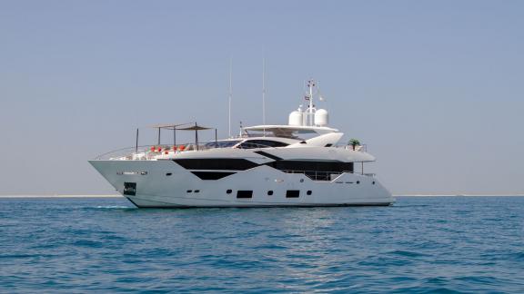 The Legende motor yacht offers a luxurious and modern design for a perfect yacht rental experience in Dubai.