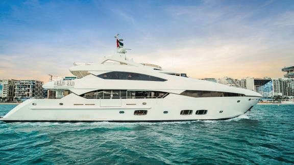 The Lucien motor yacht offers a unique luxury yacht rental experience with stunning Dubai Marina views.