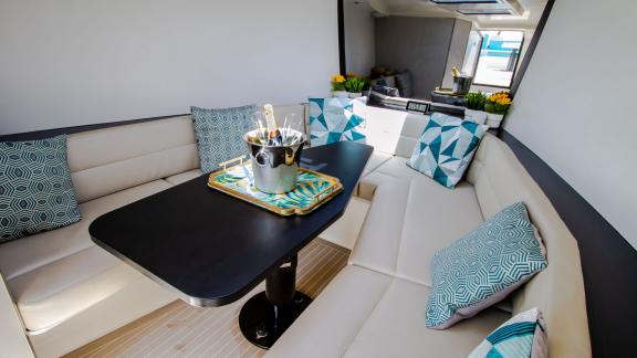 Elevate your Dubai yacht rental experience with the comfort and elegance of Lucky Me's stylish interior.