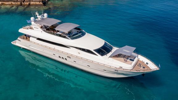 The luxury yacht Miraval in turquoise waters, top view showcasing elegance.